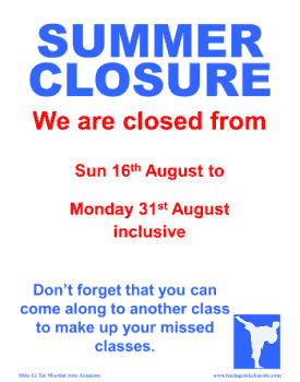 Summer Closure – 16/8 – 31/8 Inc.